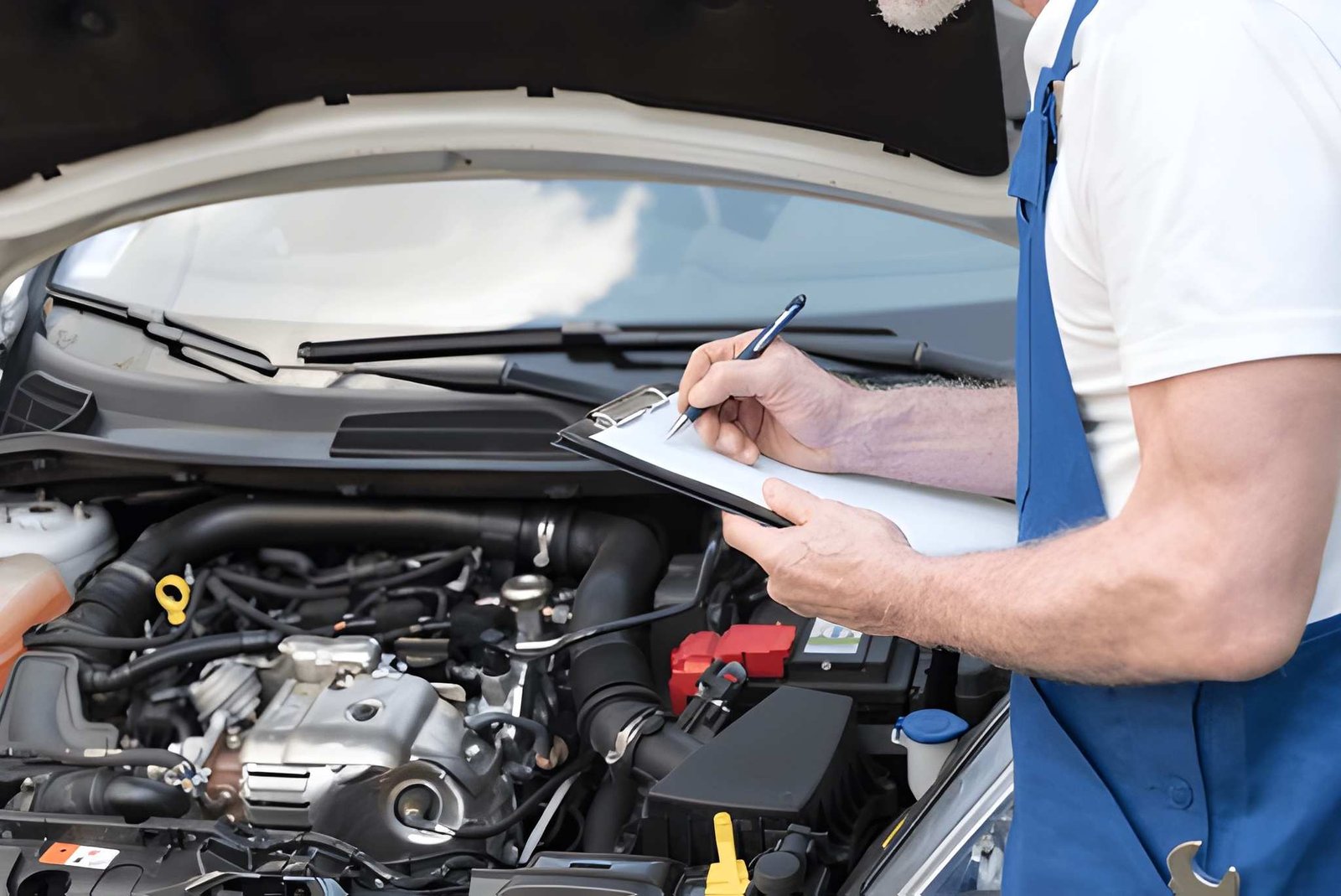 Mechanic inspecting a car engine and writing notes on a clipboard