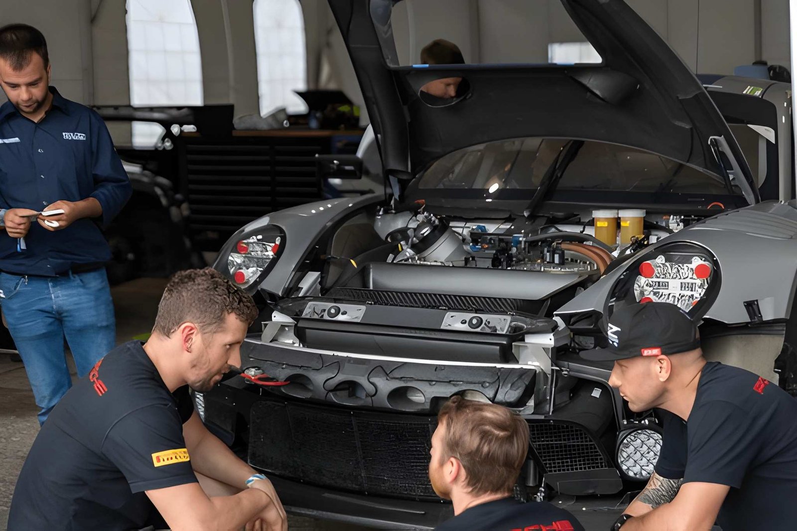 Mechanics inspecting the front engine area of a high-performance sports car